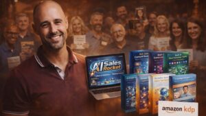 AI Sales Rocket dashboard showing automated book marketing system for Amazon KDP authors