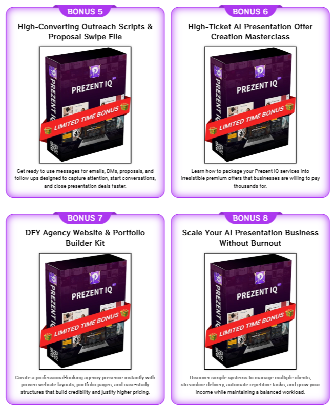 Vendor bonuses and training resources included with Prezent IQ purchase
