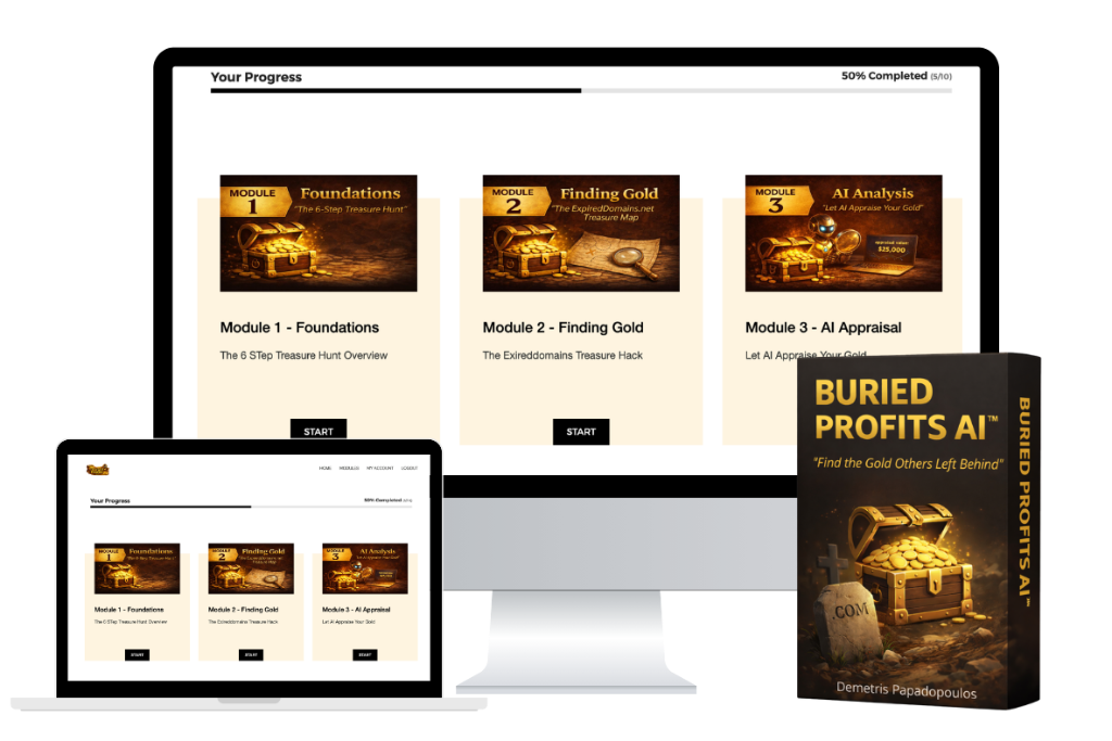 Buried Profits AI dashboard showing domain flipping and AI site builder interface