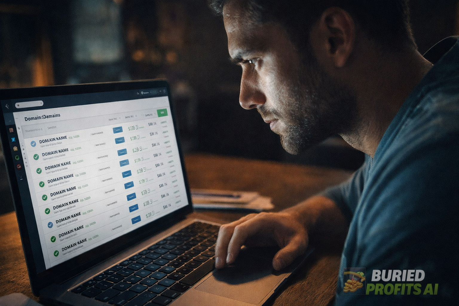 Person browsing domain marketplace on laptop, focused expression, dim evening lighting, close-up shot