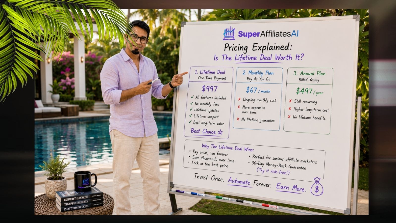 Affordable affiliate automation is possible for side hustlers. According to launch pricing, users can start under $40.