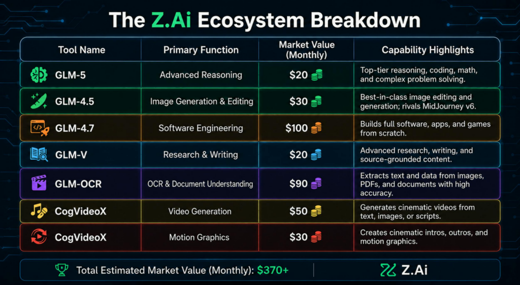 Zen AI is an all-in-one AI platform powered by multiple advanced AI models, including GLM-5, GLM-4.7, GLM Vision, image-generation models, automation systems, and coding assistants.
